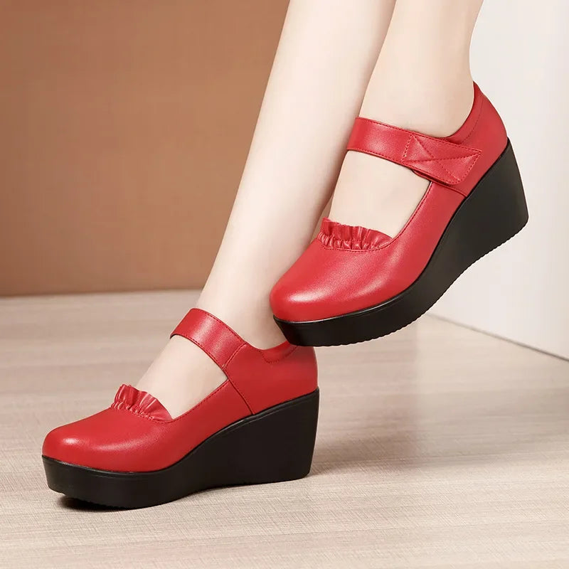 6cm Small Size 32-43 Comfortable Med Heels Pumps Soft Leather Mary Janes 2026 Women's Platform Wedges Shoes for Office Mom Dance