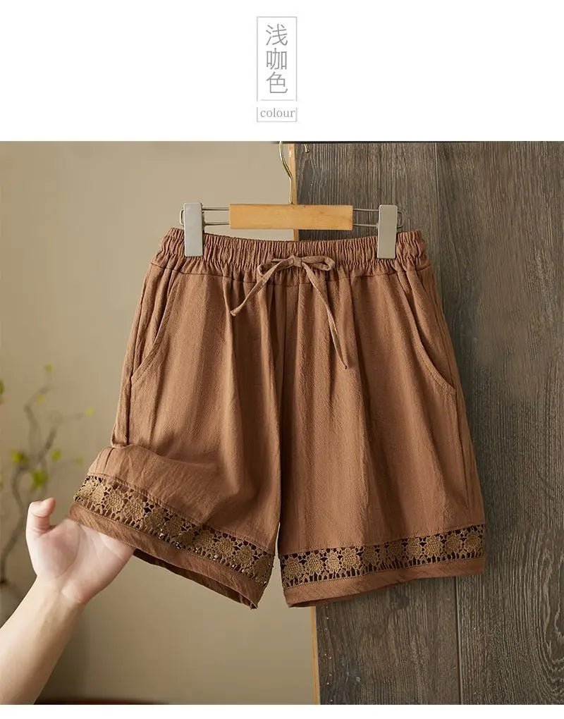 Women's Summer Retro Hollow Lace Trim Linen Shorts Elastic Drawstring Waist Casual Commute Wide Leg Pants