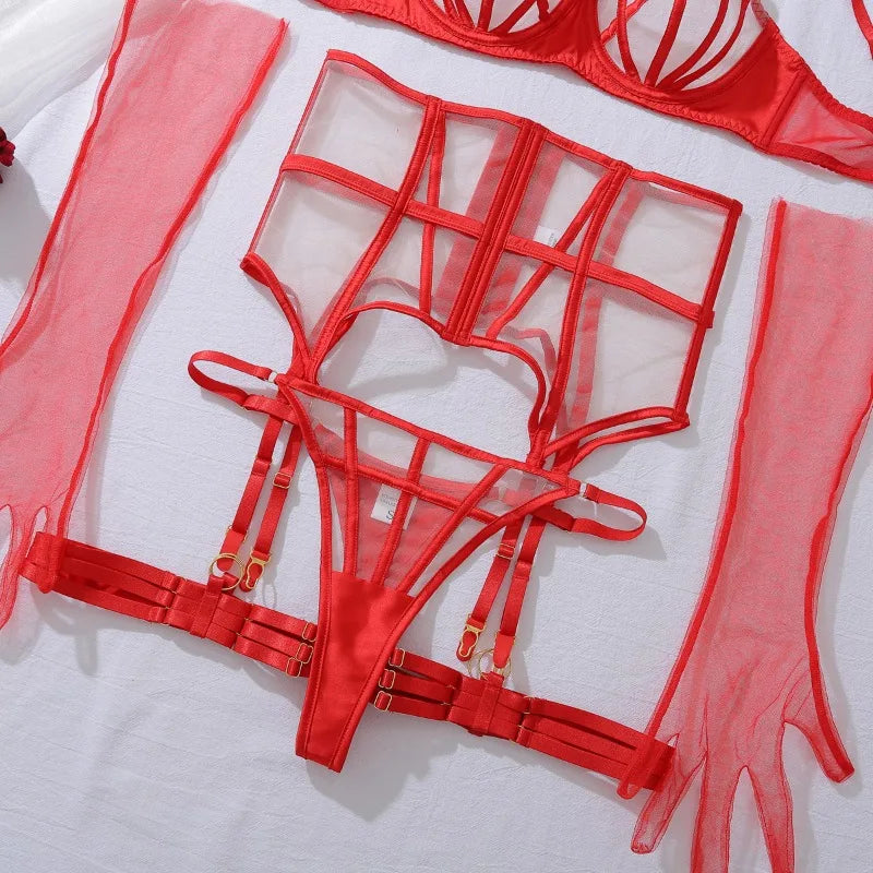Tornova Sexy Lingerie Suit for Women Solid Color Mesh Patchwork See-through Women's Underwear Suit Sexy Gloves Garters Underwear