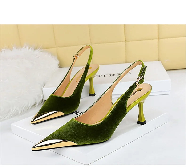 Elegant Women Green High Heel Velvet Pumps Wedding Party Slingback Sandals Metal Pointed Toe Hollow Buckle Wine Red Shoes