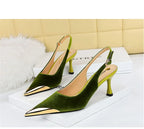 Elegant Women Green High Heel Velvet Pumps Wedding Party Slingback Sandals Metal Pointed Toe Hollow Buckle Wine Red Shoes