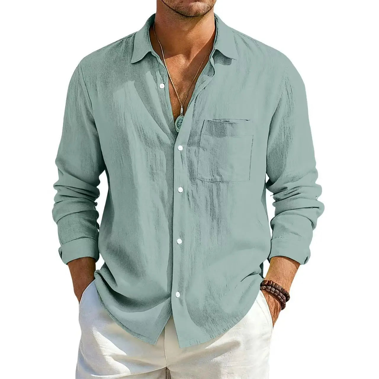 Men's Summer Long Sleeve Shirt Solid Color Loose Cotton Linen Shirt With Pockets Summer Breathable Fashion Casual Shirts for Men