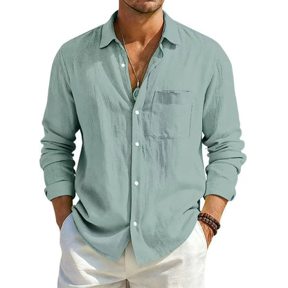 Men's Summer Long Sleeve Shirt Solid Color Loose Cotton Linen Shirt With Pockets Summer Breathable Fashion Casual Shirts for Men