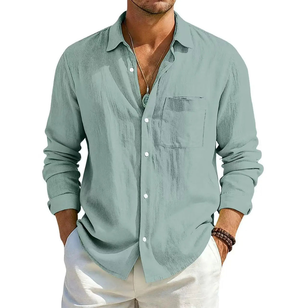 Men's Summer Long Sleeve Shirt Solid Color Loose Cotton Linen Shirt With Pockets Summer Breathable Fashion Casual Shirts for Men