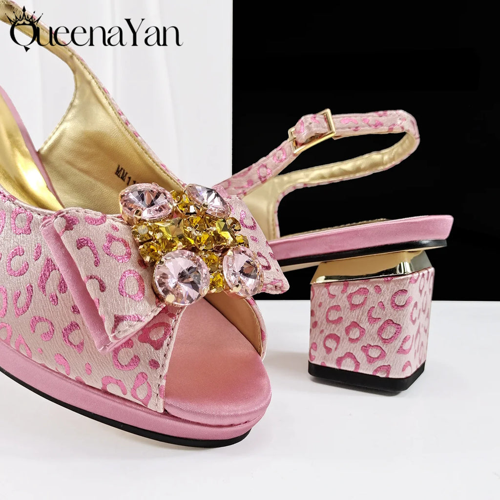 Queena Yan  2025 Shiny Italian Fashion Pointed Toe Women Heel Fashion Rhinestone Decoration Pink Color Shoes And Bag Set