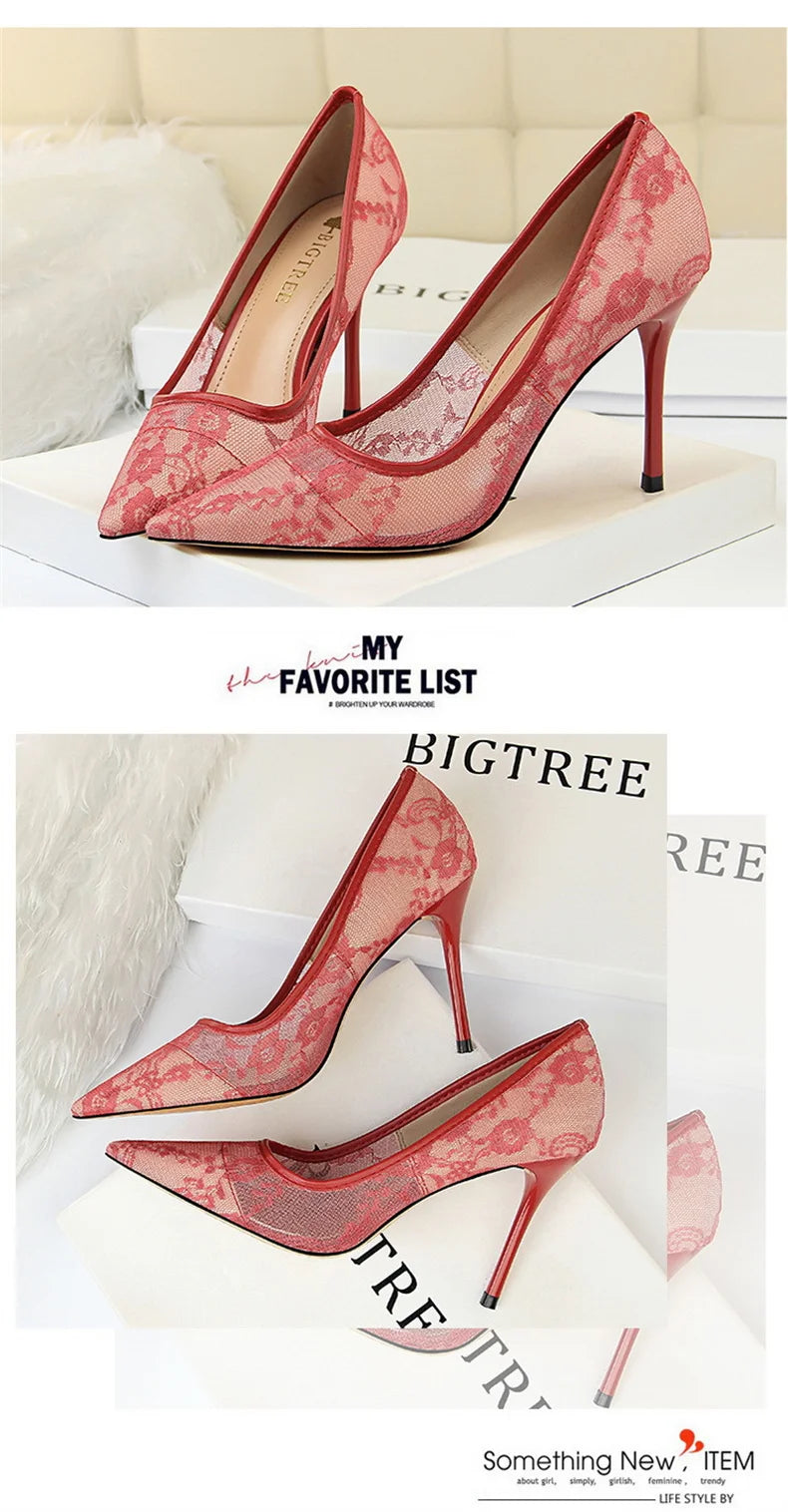 2024 Black Flower Lace Mesh Pumps Women Pointed Toe Shallow Fashion Party Single Shoes Show Thin High Heel Office Shoes