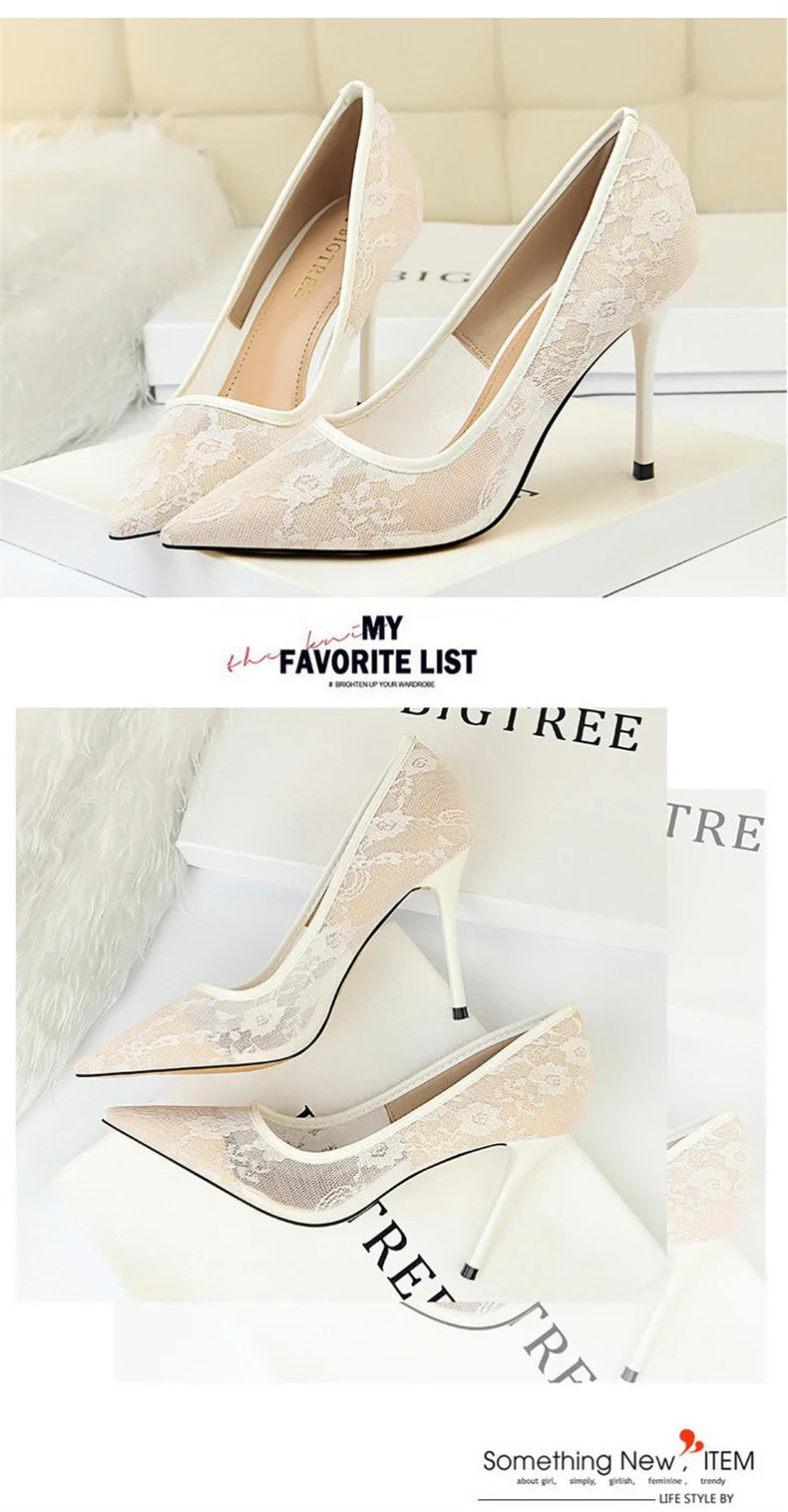2024 Black Flower Lace Mesh Pumps Women Pointed Toe Shallow Fashion Party Single Shoes Show Thin High Heel Office Shoes