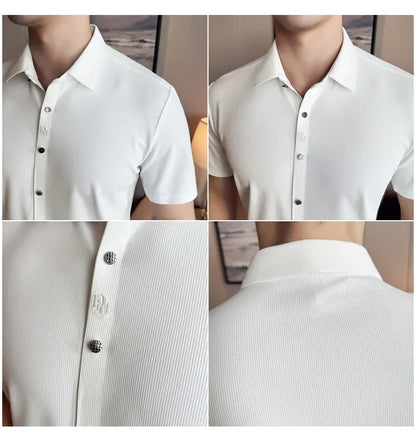 Men's White Business Casual Shirt, Fitted Striped Elastic Short-sleeved Shirt, Exquisite Embroidered Summer Formal Work Uniform.