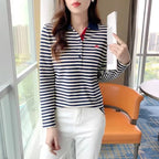 Korean Slimming Polo T-Shirt Women 95% Cotton Loose Fit Long Sleeve Streetwear for Autumn Winter Casual Outfits