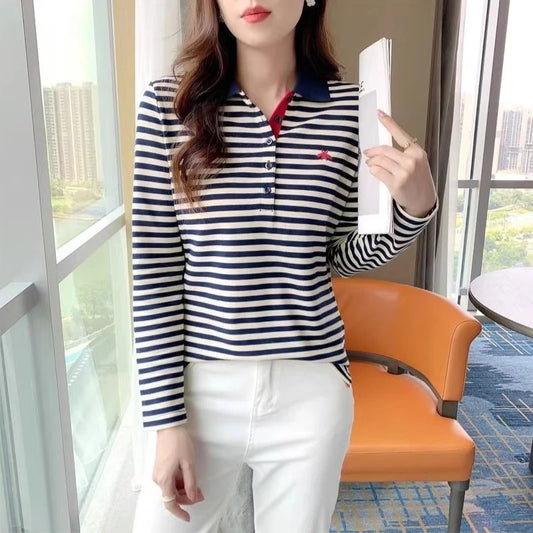 Korean Slimming Polo T-Shirt Women 95% Cotton Loose Fit Long Sleeve Streetwear for Autumn Winter Casual Outfits