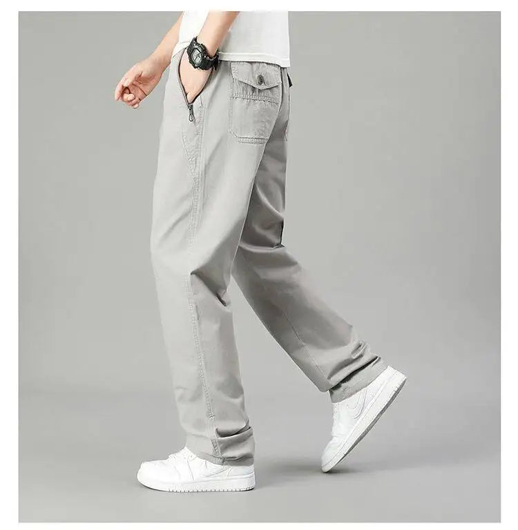 Mens Cotton Pants Spring Summer Sports Casual Pants Cargo Trousers Loose Fit with Zipper Pockets Big Size 5XL