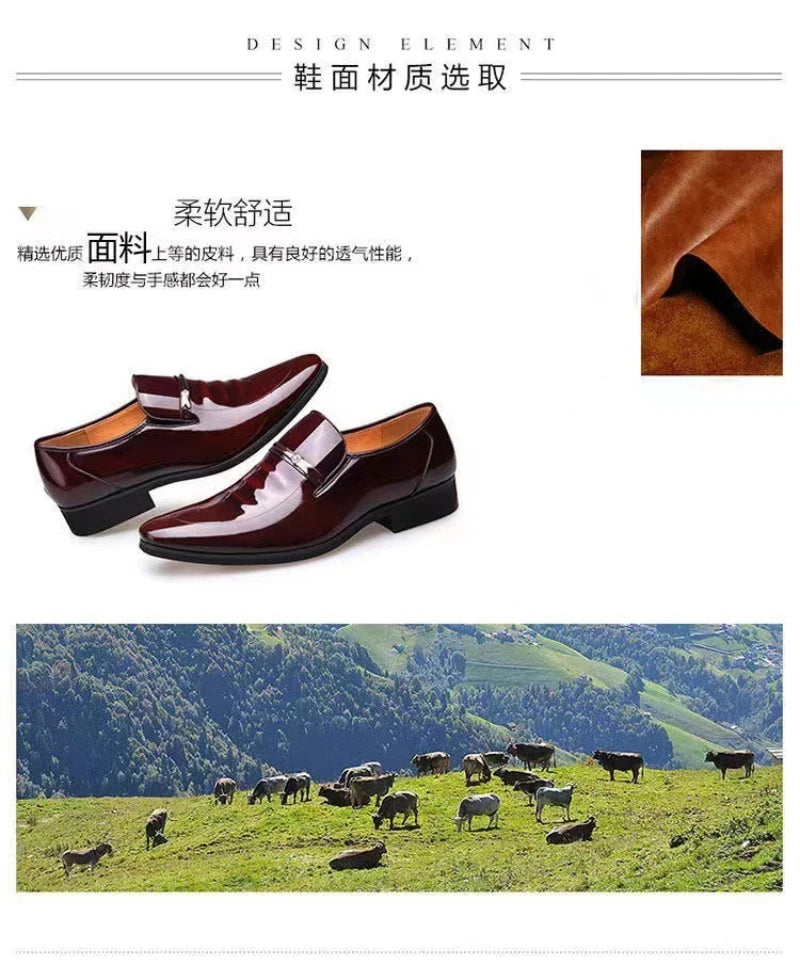 Mens Formal Wine Red Patent Leather Loafers Pointed Toe Slip On Shoes Hollow Out Non SlipBreathable Design Metal Buckle Decor