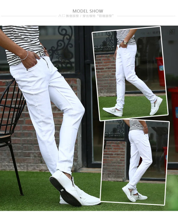 Men's Solid Color Jeans Slim Fit Small Leg Casual Classic White Black Spring Summer Thin Version