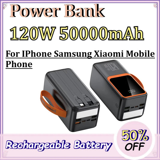 120W 50000mAh Power Bank for IPhone Samsung Xiaomi Mobile Phone Built-in Cable with Digital Display and Two-way Fast Charging