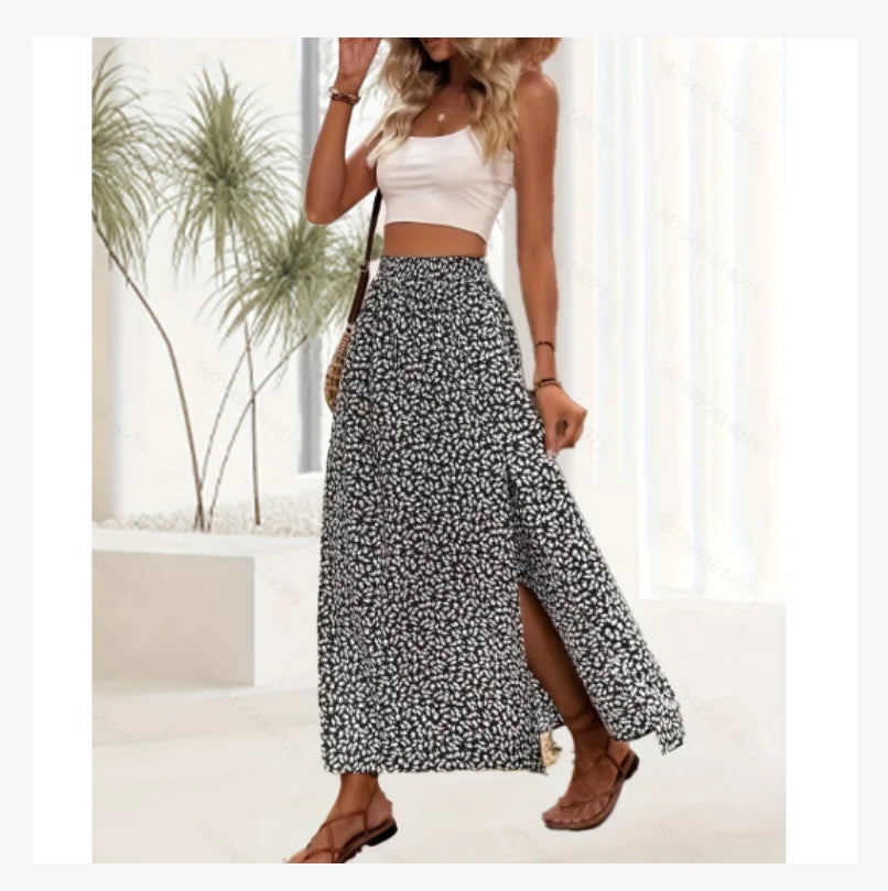 Spring and summer women's fashionable and sexy floral split high waisted elastic printed skirt