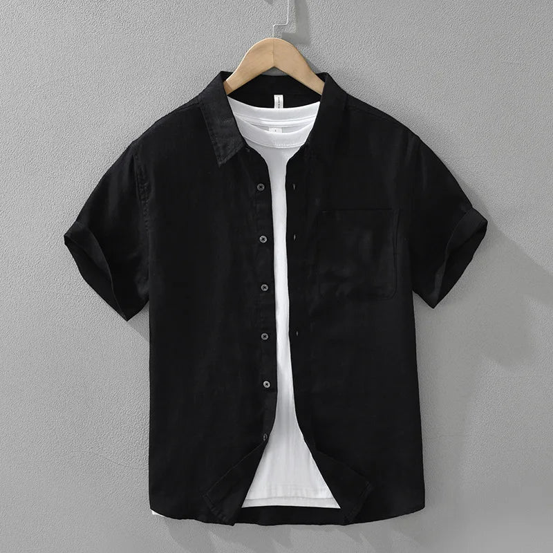 100% Linen Short Sleeve Shirt for Men Breathable Summer Casual Top Minimalist Loose Fit Button-Up Shirt  Natural Wrinkle Texture