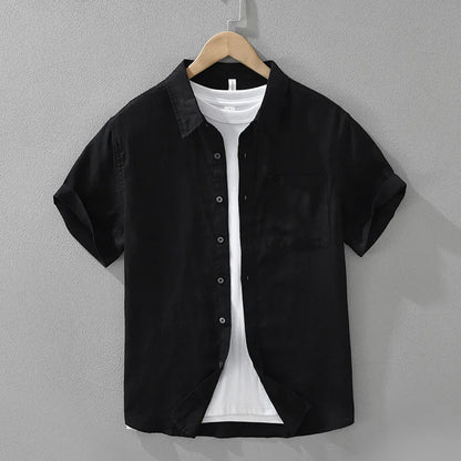 100% Linen Short Sleeve Shirt for Men Breathable Summer Casual Top Minimalist Loose Fit Button-Up Shirt  Natural Wrinkle Texture