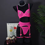 Ellolace Daring Women's Lingerie Sets Fancy Sexy Bra Belt Thong 3PC with Leg Circles Romantic Heart Rhinestone Women Underwear