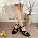 Sweet Lolita Cross Buckle Strap Women Mary Jane Shoes Fashion Multi Metal Buckle Shoes Retro Wedding Party Dress Ladies Pumps