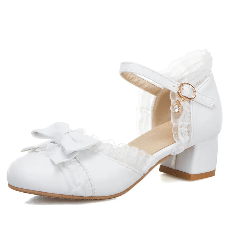 Sweet Japanese Lolita Princess Dance Shoes Girls Cute Bowtied Summer Shoes Round toe White Pink College Pumps Ladies Sandals