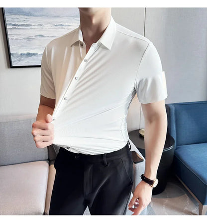 Men's White Business Casual Shirt, Fitted Striped Elastic Short-sleeved Shirt, Exquisite Embroidered Summer Formal Work Uniform.