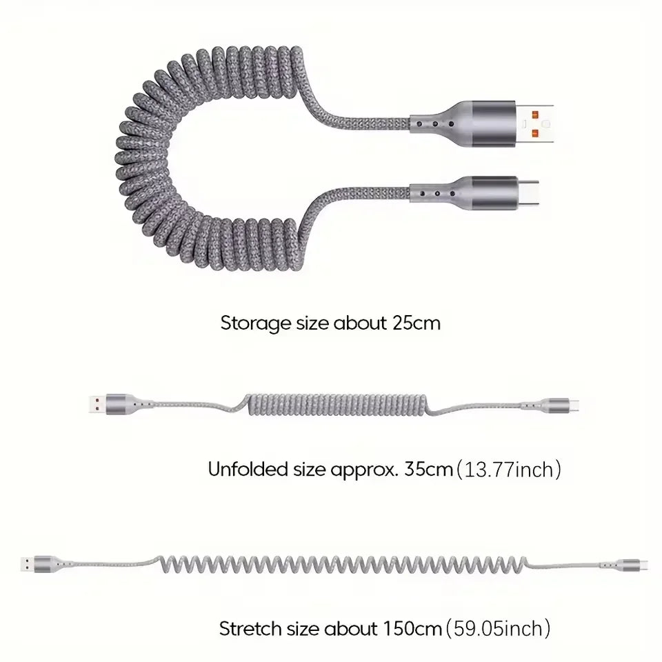 25CM To 1.5M Car Spring Charge Cable 100W Fast Charging USB C To Type C Cable For iPhone 16 15 Huawei Xiaomi Samsung Type C Cord