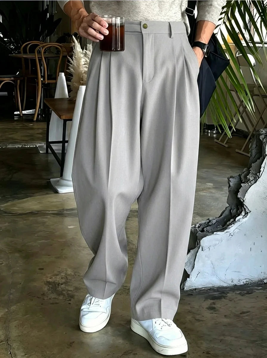 Men Double Pleated Wide Leg Suit Pants Korean Clean Fit Draped Slacks Loose Baggy Trousers Business Office Casual Streetwear  Pa