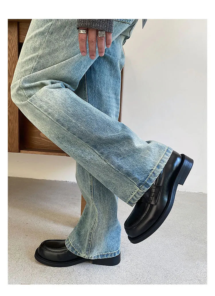 Slip in formal leather shoes for men's autumn new style retro metal coin design Loafer comfortable black British dress shoes