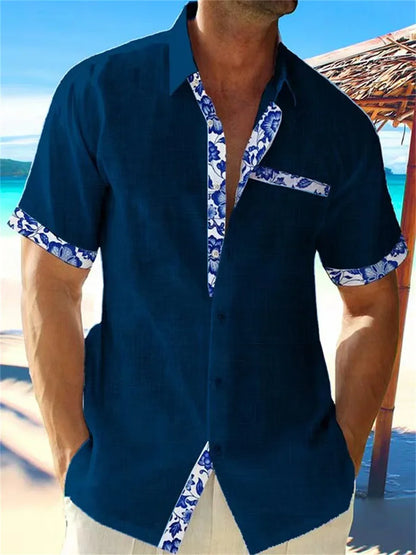 2024 new summer shirt men's Hawaiian shirt casual fashion street short -sleeved beach resort men's pocket shirt