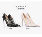 Black lace high heels for women, 2026 new slim heel pointed sexy versatile French spring and summer breathable single shoes