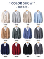 100% Pure Wool Sweater Autumn Winter New Men's Cardigan V-Neck Buckle Jacket Loose Casual Cashmere Knitted Sweater Long Sleeveds