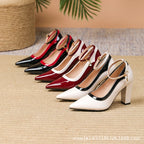 European American Pointed Toe Patent Leather Color Block Shoes Block Heel High Heels Elegant Fashion Casual Shallow Mouth Plus