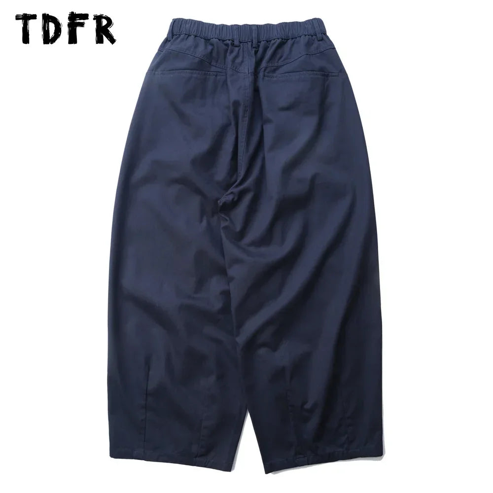 Solid Color Wide Leg Cargo Pants Mens Baggy Pleated Streetwear Elastic Waist Casual Loose Trousers Men