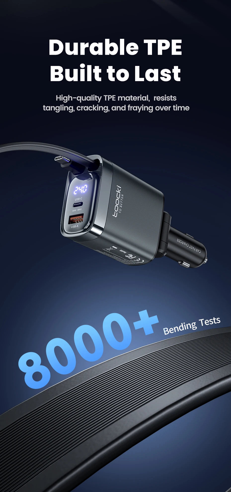 Toocki 105W Car Charger USB C Retractable Cable 0.75m PD 45W QC 3.0 SCP SFC2.0 PPS Fast Charging for iPhone 17 16 Samsung Tablet