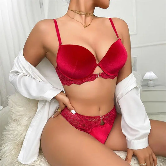 Autumn and Winter Velvet Bra Set Women's French Lace Patchwork Underwear Sexy Soft Steel Ring Ultrathin Lingerie Suit