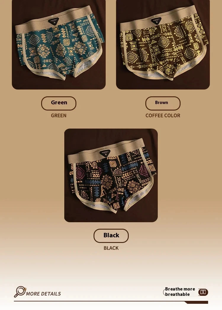 Retro Ethnic Style Men's Boxer Comfortable Briefs Design Vintage Print Elastic Underwear for Man Lingerie Mid Waist Underpants