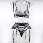 Krasapt Black Bow Embroidery See-Through Woman Lingerie 3Pcs Sexy Romantic Female Bra And Panty Garters Sets Exotic Onlyfans Kit