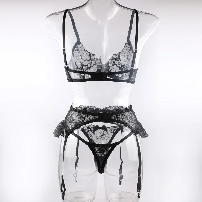 Krasapt Black Bow Embroidery See-Through Woman Lingerie 3Pcs Sexy Romantic Female Bra And Panty Garters Sets Exotic Onlyfans Kit