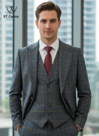 High Quality 3 Piece Checkered Suit Set Dark Blue Stylish Business Office Wedding Formal Outfit Elegant Full Man Dinner Suit
