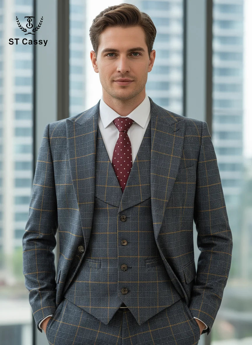 High Quality 3 Piece Checkered Suit Set Dark Blue Stylish Business Office Wedding Formal Outfit Elegant Full Man Dinner Suit