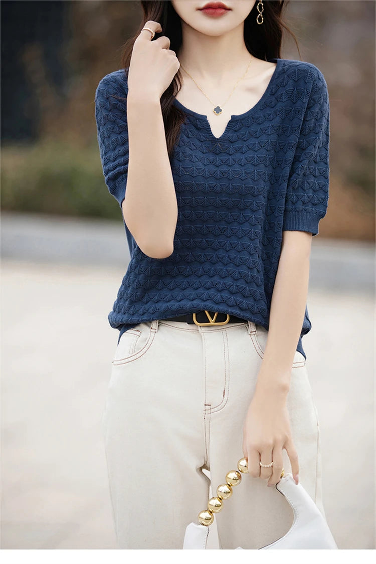 Women's T-shirt Summer New 100% Pure Cotton Tees Casual Solid Knitted Short sleeved V-neck Pullover Loose Tops Fashion Sweater
