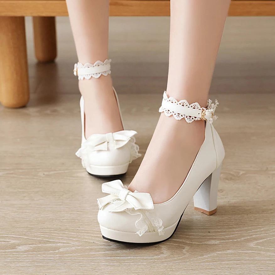 Summer 2025 Ladies Heels Platform Cute Bow Lace Princess Mary Jane Lolita Shoes Party High Heel Buckle Women Pumps Girls Sweet 8