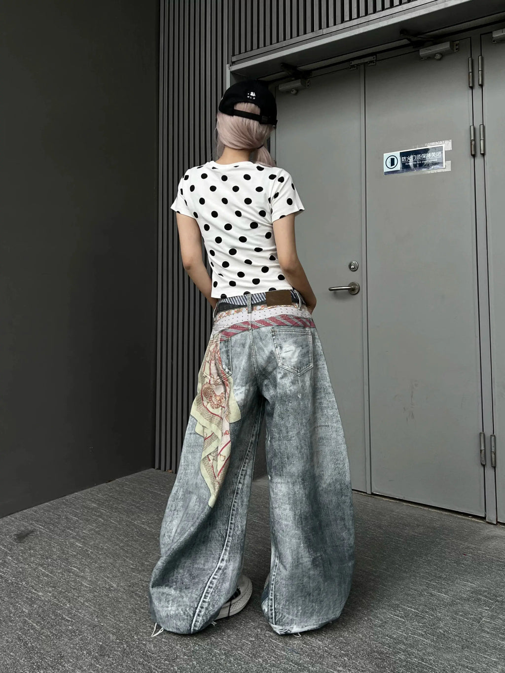 Women American Vintage Print Tie Machete Pattern Jeans Loose Wide Leg Street Hot Girl Design All Match Denim Long Trousers