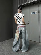 Women American Vintage Print Tie Machete Pattern Jeans Loose Wide Leg Street Hot Girl Design All Match Denim Long Trousers