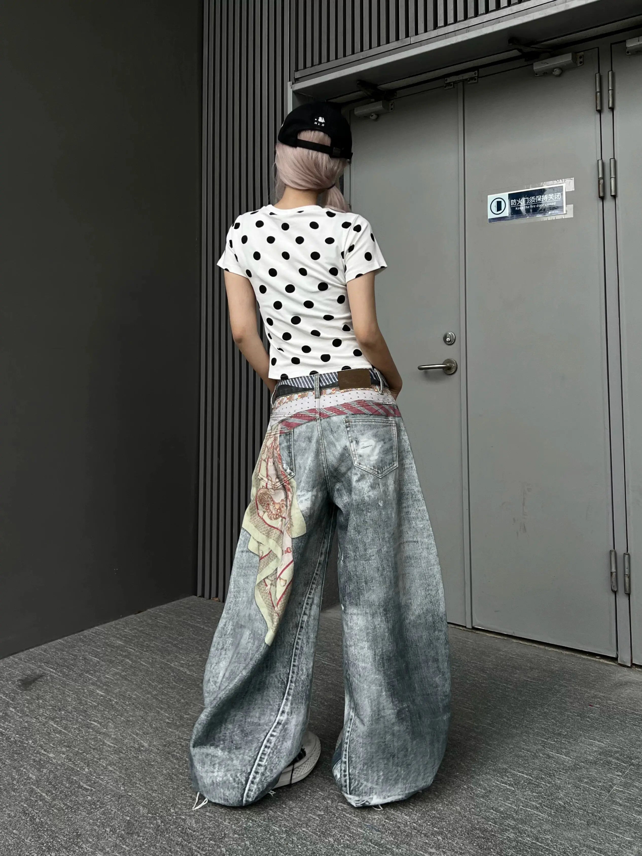 Women American Vintage Print Tie Machete Pattern Jeans Loose Wide Leg Street Hot Girl Design All Match Denim Long Trousers