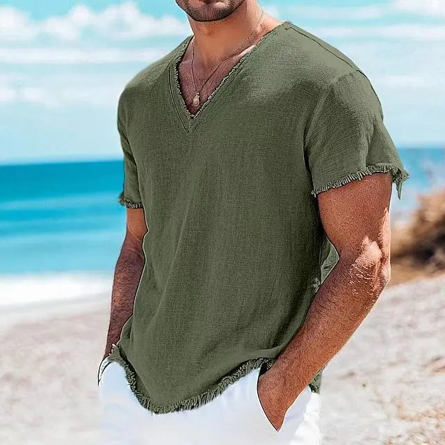 2026 Men's Summer Shirt Men's Retro V-Neck Cotton Linen Shirt Hawaii Casual Short Sleeve Beach Tops Outdoor Vacation Shirt