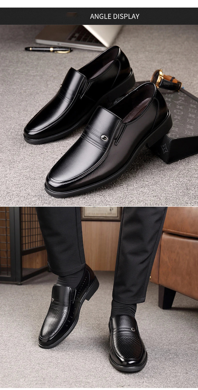Men's Breathable Hollow Out Elevator Dress Leather Shoes Spring Summer 6cm Height Increase Business Slip-On Formal Office Shoes