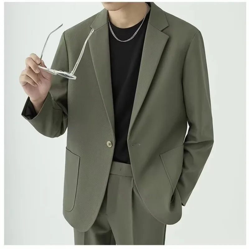 KIDWHXR Men 2-piece Outfit Loose Single-breasted Blazer Male Straight-leg Pant Man Korean Simple Solid Business Casual Suit Set