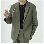 KIDWHXR Men 2-piece Outfit Loose Single-breasted Blazer Male Straight-leg Pant Man Korean Simple Solid Business Casual Suit Set