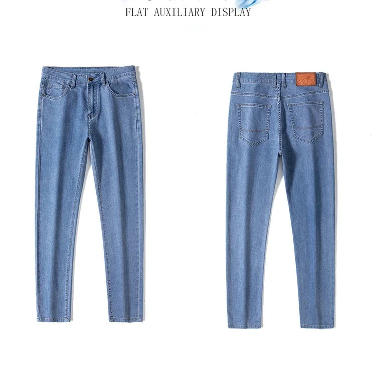 2026 Stretch Men's Fitted Straight Jeans Korean Youthful Vitality Spring Summer Thin Breathable Cotton  Lightweight Trousers